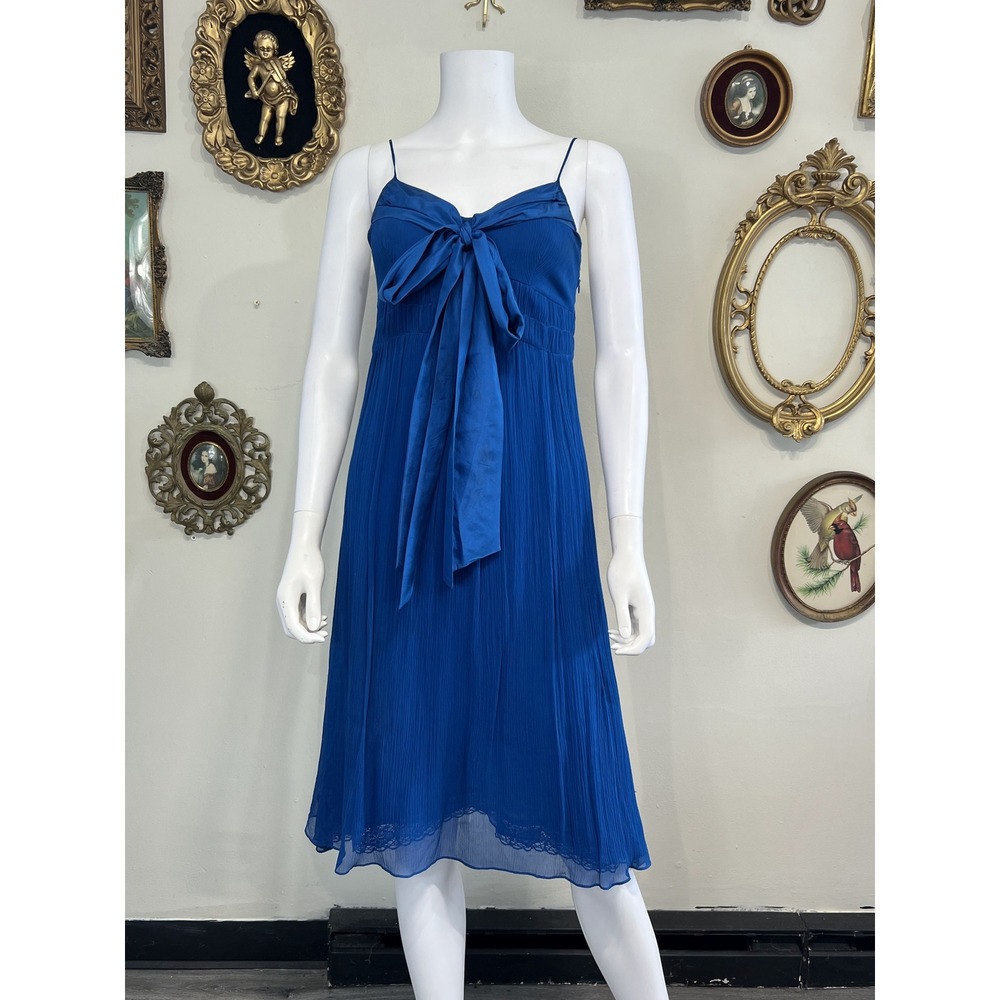 Moulinette Soeurs Royal Blue 100% Silk Pleated Tie Front Midi Dress Size 4